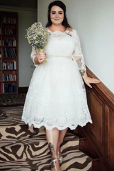 A-Line Illusion Lace Tea-Length Long Sleeves Wedding Dress With Sashes-27dress